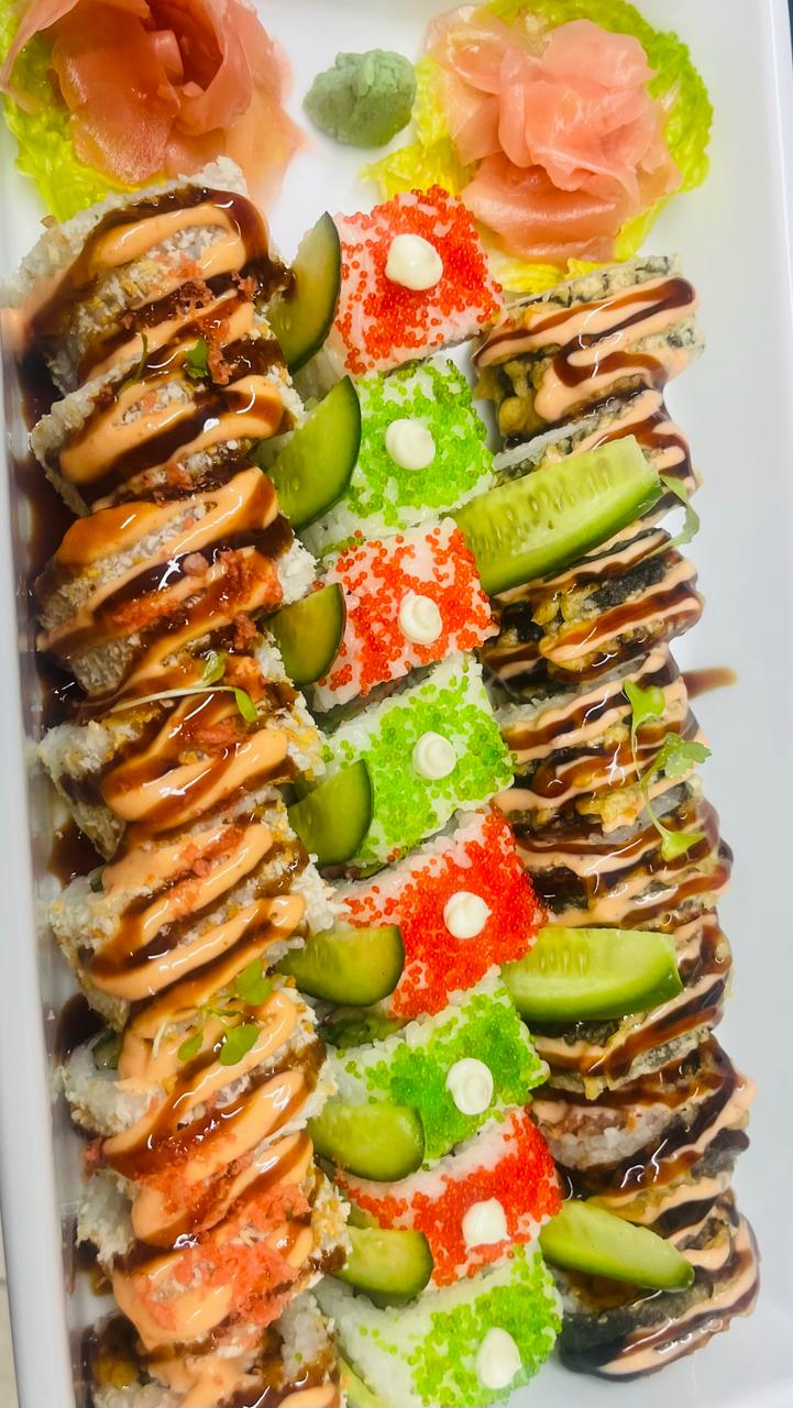 Sushi rolls served with ginger and wasabi